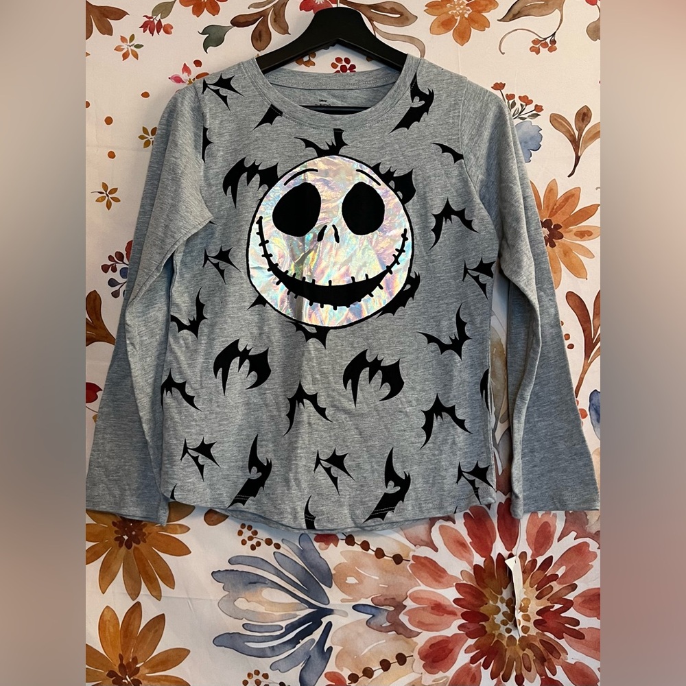 NWT Disney Jack Skellington Girl XL/16 Grey Black Iridescent Bat Long Sleeve Tee
